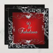 50thバースデーパーティーブラックブライト深いレッドビッグ 招待状 (正面/裏面)