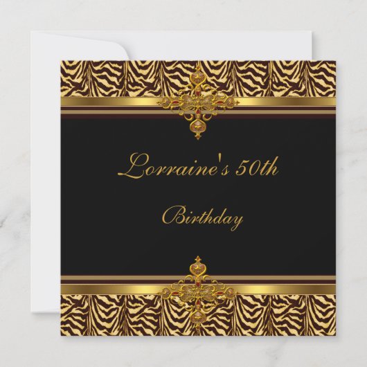 50thバースデーパーティーブラック金ゴールドゼブラストライプ 招待状 (正面)