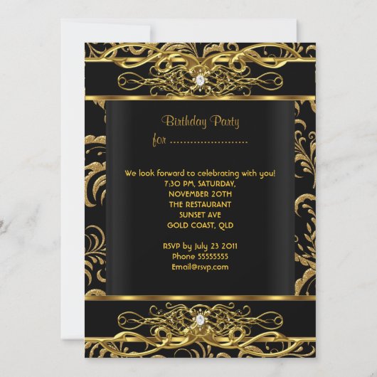 50thバースデーパーティーブラック金ゴールドダマスクフローラ 招待状 (裏面)