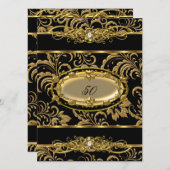 50thバースデーパーティーブラック金ゴールドダマスクフローラ 招待状 (正面/裏面)
