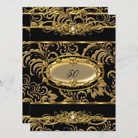 50thバースデーパーティーブラック金ゴールドダマスクフローラ 招待状 (正面/裏面)