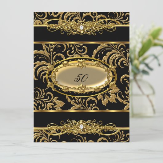 50thバースデーパーティーブラック金ゴールドダマスクフローラ 招待状 (スタンド正面)