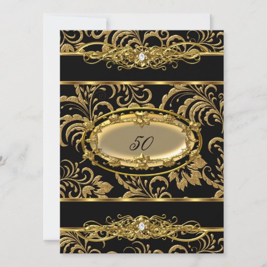 50thバースデーパーティーブラック金ゴールドダマスクフローラ 招待状 (正面)