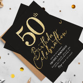 50thバースデーパーティーブラック&エレガント金ゴールドグリッター 招待状