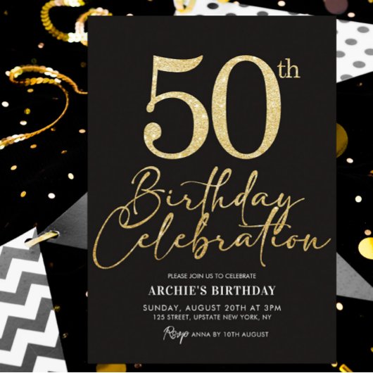 50thバースデーパーティーブラック&エレガント金ゴールドグリッター 招待状