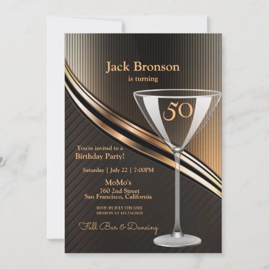 50thバースデーパーティーブラック&ブロンズテーマ誕生日 招待状 (正面)