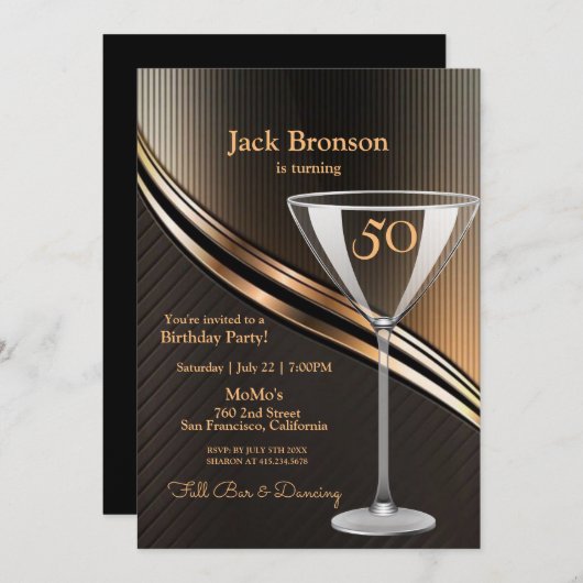 50thバースデーパーティーブラック&ブロンズテーマ誕生日 招待状 (正面/裏面)