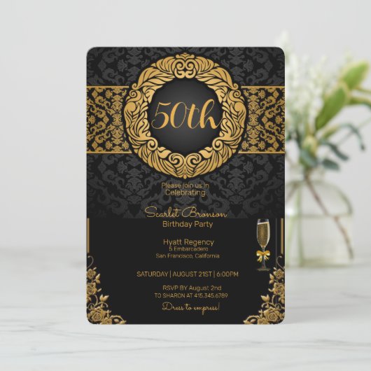 50thバースデーパーティーブラック&金ゴールドエレガント誕生日 招待状 (スタンド正面)