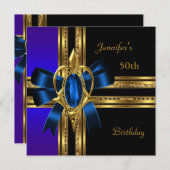 50thバースデーパーティーブルーブル金ゴールドハートジュエル 招待状 (正面/裏面)