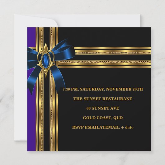 50thバースデーパーティーブルーブル金ゴールドハートジュエル 招待状 (裏面)