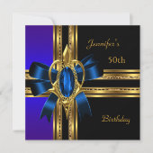 50thバースデーパーティーブルーブル金ゴールドハートジュエル 招待状 (正面)