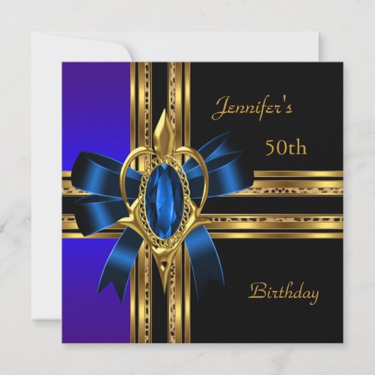 50thバースデーパーティーブルーブル金ゴールドハートジュエル 招待状 (正面)