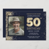 50thバースデーパーティーブルー金ゴールドグリッター 招待状 (正面/裏面)