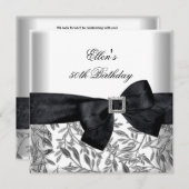 50thバースデーパーティーホワイトシルバージュエルブラックボウ 招待状 (正面/裏面)