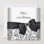 50thバースデーパーティーホワイトシルバージュエルブラックボウ 招待状 (正面)