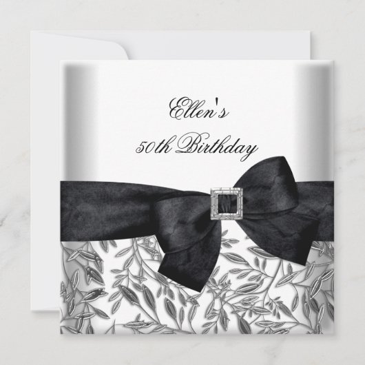50thバースデーパーティーホワイトシルバージュエルブラックボウ 招待状 (正面)