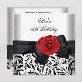 50thバースデーパーティーホワイトシルバーフラワーブラックボウ 招待状 (正面/裏面)