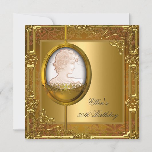 50thバースデーパーティーホワイト金ゴールドカメオジュエル 招待状 (正面)