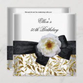 50thバースデーパーティーホワイト金ゴールドフラワーブラックボウ 招待状 (正面/裏面)