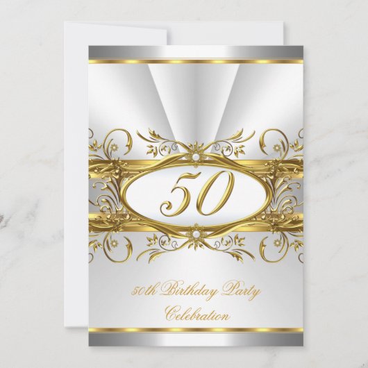 50thバースデーパーティーホワイト金ゴールドフローラシルバー 招待状 (正面)