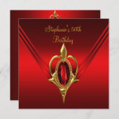 50thバースデーパーティーリッチレッドシルク金ゴールド 招待状 (正面/裏面)