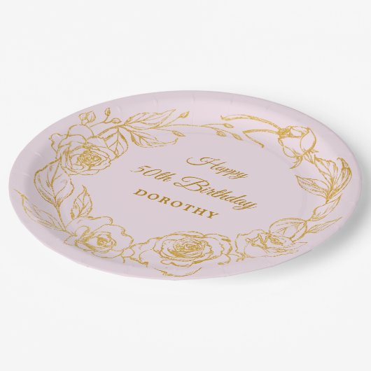 50thバースデーパーティールックス金ゴールドバラフローラピンク ペーパープレート (アングル)