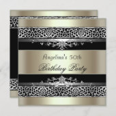50thバースデーパーティーレオパードブラックミント金ゴールドクリーム 招待状 (正面/裏面)