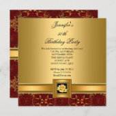 50thバースデーパーティーレッドエレガント金ゴールドブラック 招待状 (正面/裏面)
