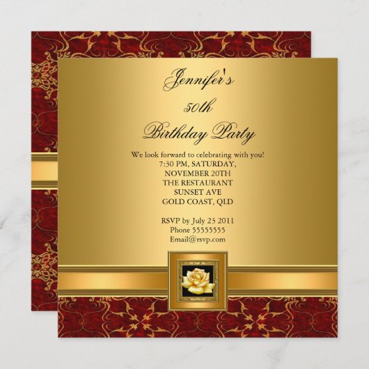 50thバースデーパーティーレッドエレガント金ゴールドブラック 招待状 (正面/裏面)