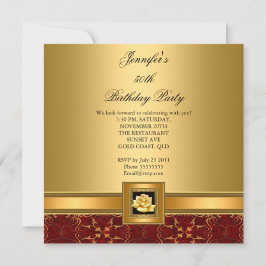 50thバースデーパーティーレッドエレガント金ゴールドブラック 招待状 (正面)