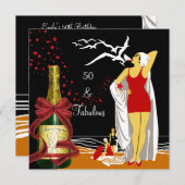 50thバースデーパーティーレトロディバアートデコレッドブラック 招待状 (正面/裏面)