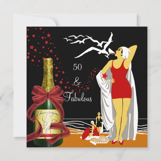 50thバースデーパーティーレトロディバアートデコレッドブラック 招待状 (正面)