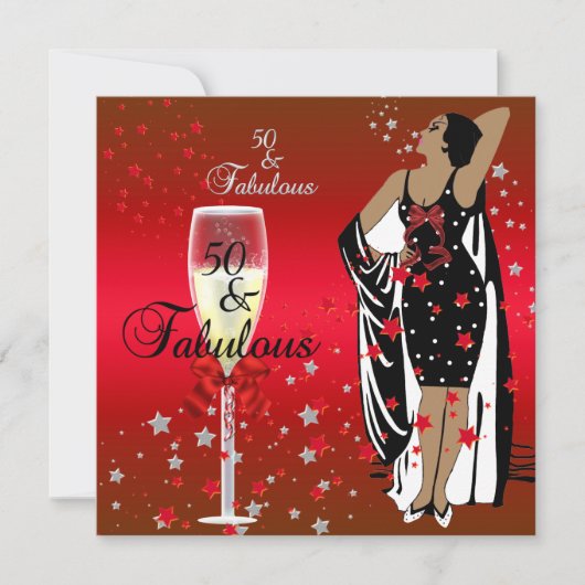 50thバースデーパーティーレトロディバアートデコレッドブラック 招待状 (正面)