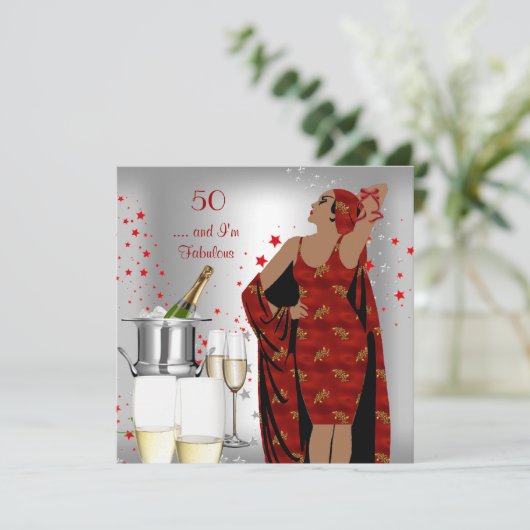 50thバースデーパーティーレトロディヴァアールデコレッドシルバー 招待状 (スタンド正面)