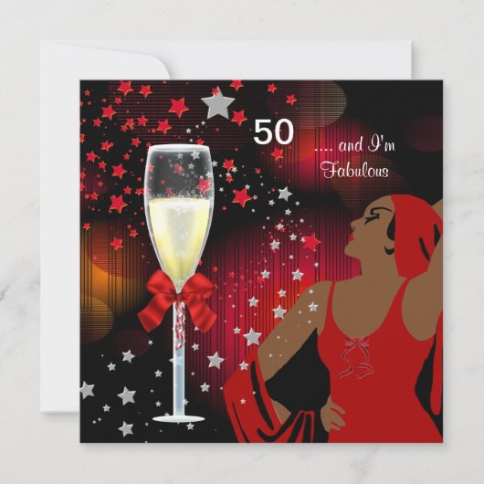 50thバースデーパーティーレトロディヴァファブルレッドホワイト 招待状 (正面)