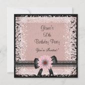 50thバースデーパーティー白黒ベージュピンクフローラ 招待状 (正面)