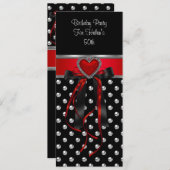 50thバースデーパーティー赤いハートブラックシルバーロン 招待状 (正面/裏面)