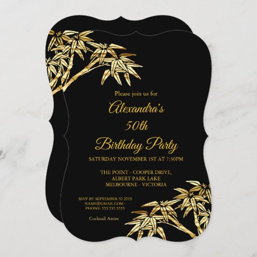 50thバースデーパーティー金ゴールドゴールデンバンブーブラック 招待状 (正面/裏面)