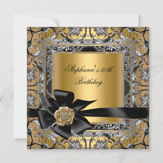 50thバースデーパーティー金ゴールドシルバーブラックボウ 招待状 (正面)