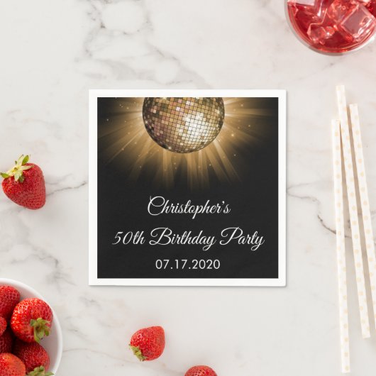 50thバースデーパーティー金ゴールドスパークルディスコボール スタンダードカクテルナプキン (インサイチュ)