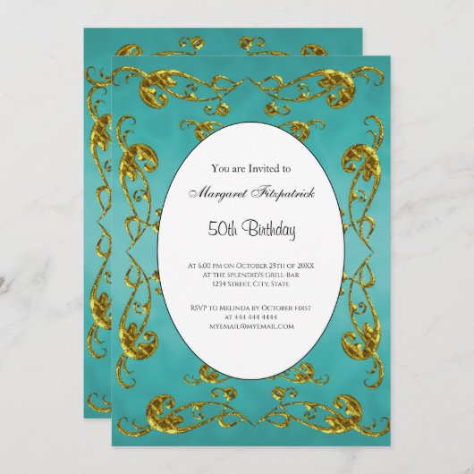 50thバースデーパーティー金ゴールドティール（緑がかった色）クラシック 招待状 (正面/裏面)