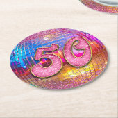 50thバースデーパーティー金ゴールドピンクグリッターディスコボール ラウンドペーパーコースター (アングル)