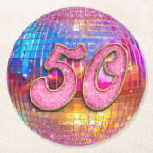 50thバースデーパーティー金ゴールドピンクグリッターディスコボール ラウンドペーパーコースター (正面)
