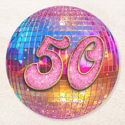 50thバースデーパーティー金ゴールドピンクグリッターディスコボール ラウンドペーパーコースター (正面)