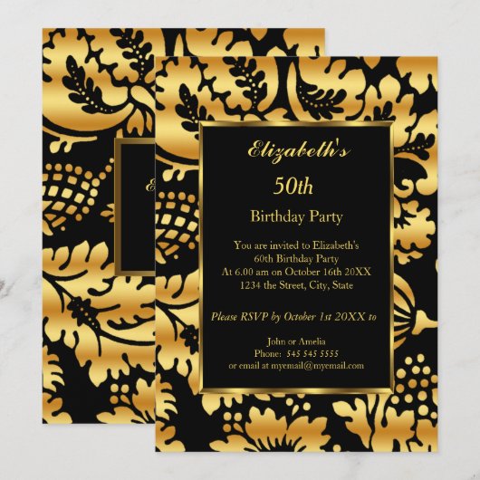 50thバースデーパーティー金ゴールドブラックフローラ 招待状 (正面/裏面)