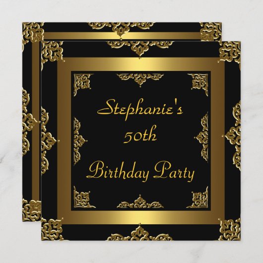 50thバースデーパーティー金ゴールドメタル&ブラックアニア 招待状 (正面/裏面)