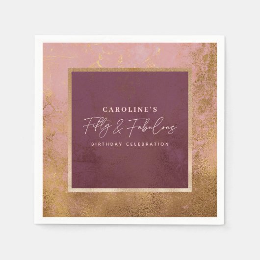 50thバースデーパーティー金ゴールド&ピンク スタンダードカクテルナプキン (正面)
