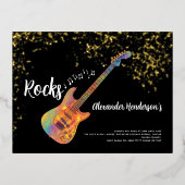 50thバースデーパーティー50ロック金ゴールドグリッター 箔招待状ポストカード (正面)