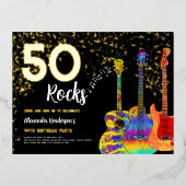 50thバースデーパーティー50ロック金ゴールドグリッター 箔招待状ポストカード (正面)