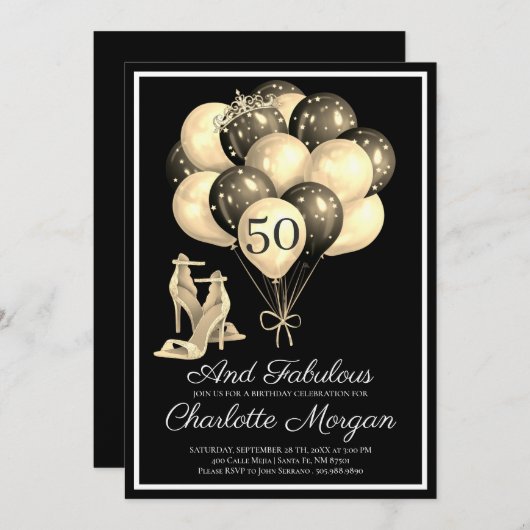 50thバースデーパーティー50素晴らしい白黒 招待状 (正面/裏面)